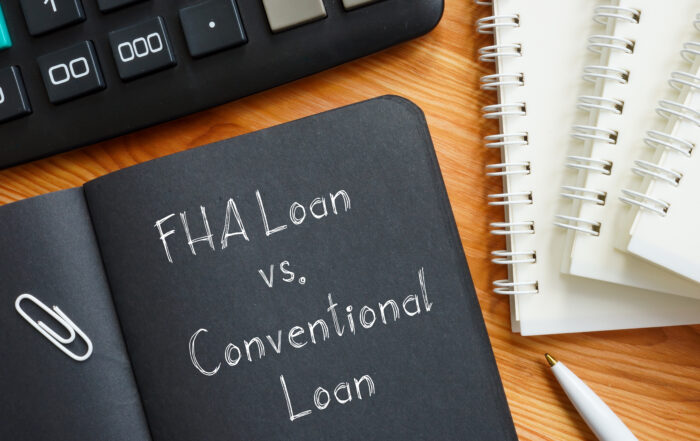 FHA Loan vs. Conventional Loan is shown on a business photo using the text