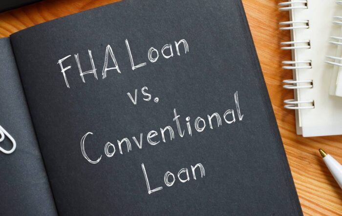 FHA Loan vs. Conventional Loan is shown on a business photo using the text